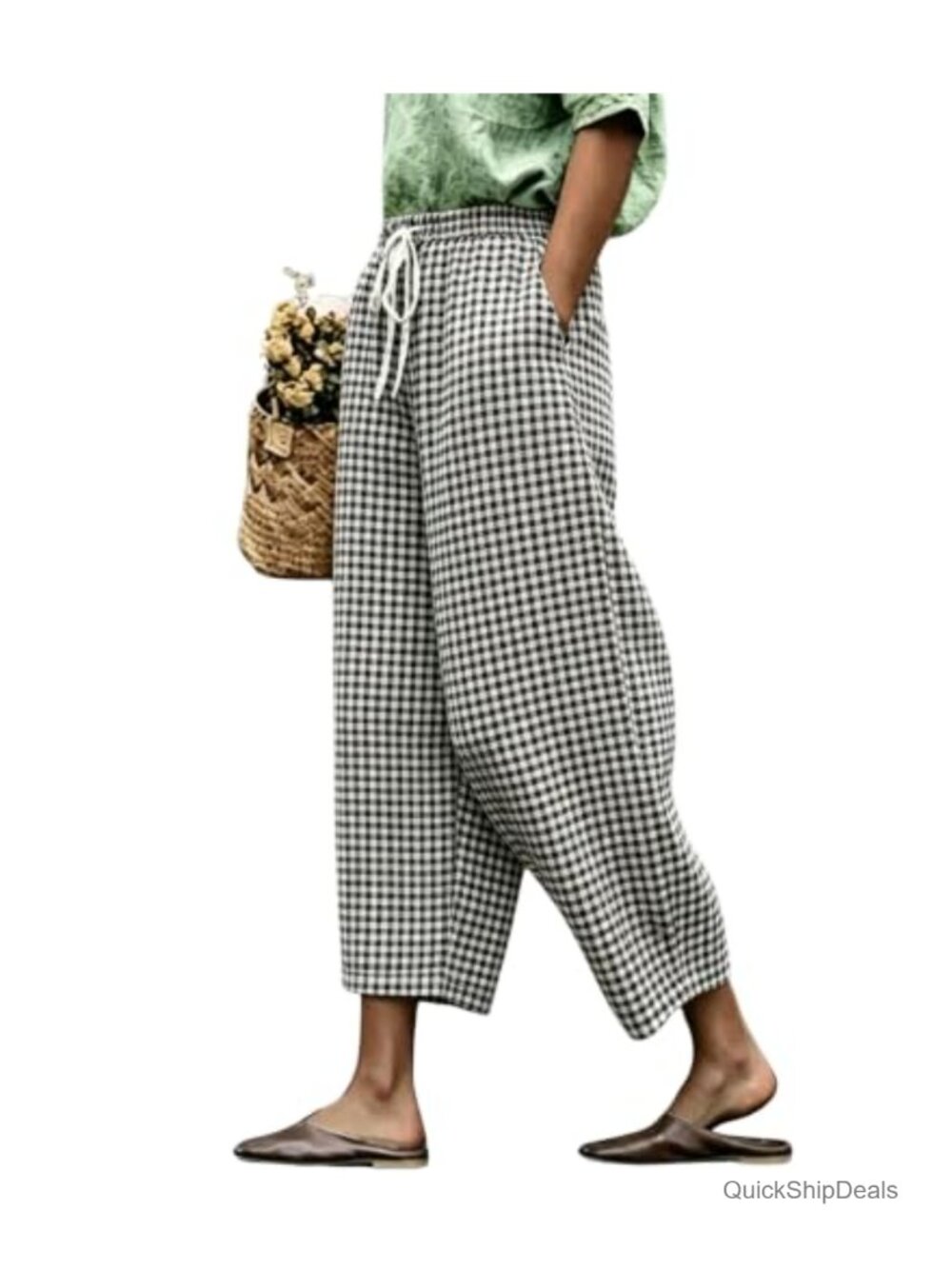Womens High Waist Plaid Wide Leg Crop Pants Loose Fit Palazzo Drawstring